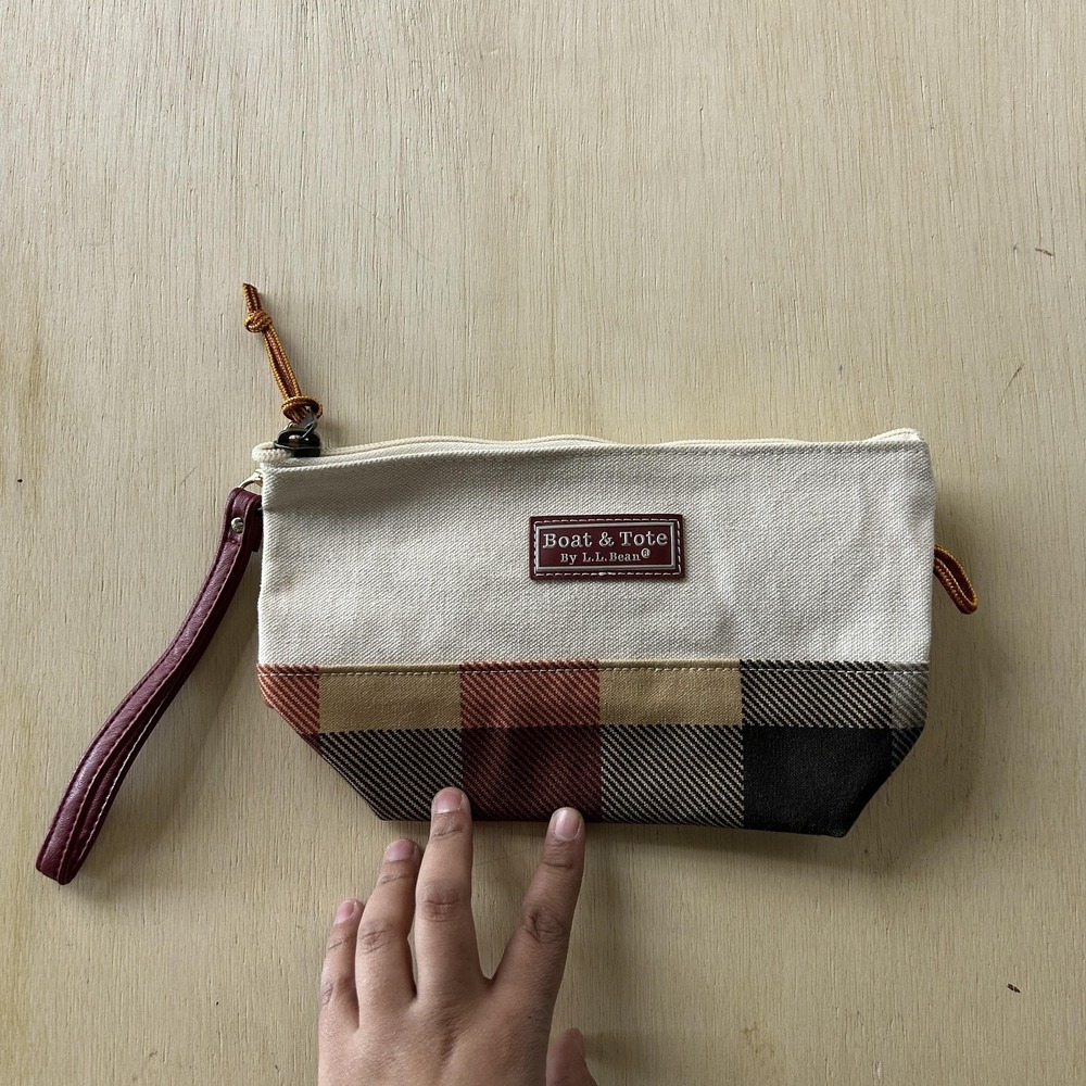L.L. Bean Cream Canvas Wristlet with Plaid Accents